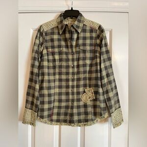 NWT RYAN MICHAEL green check western floral shirt M